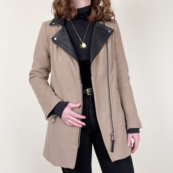 Mackage Wool Cashmere Leather Coat Jacket Moto Long Peacoat Preppy Motorcycle - Picture 5 of 11